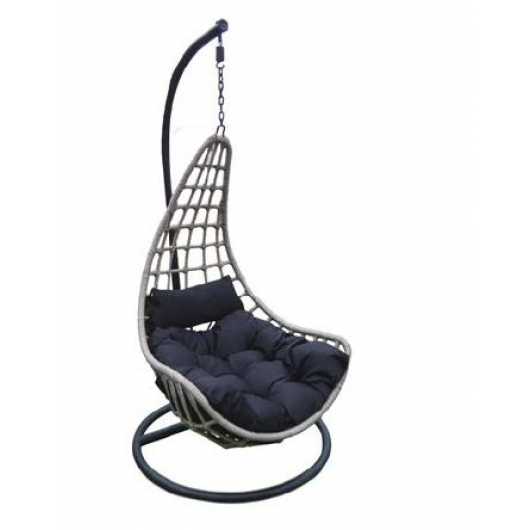 Πολυθρόνα relax kρεμαστή-πλέξη wicker σε γκρί  χρώμα και μαξιλάρι σε μάυρο χρώμα
