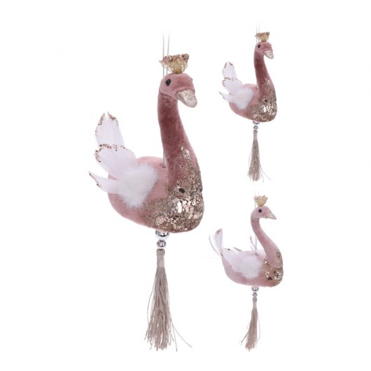 Στολίδι κύκνος με ροζ βελούδο καί λευκά φτερά 10cm